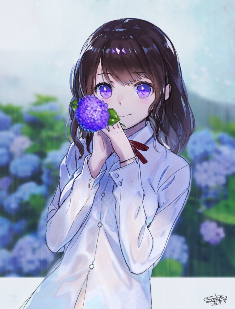 1girl bangs blurry blurry_background blush bra_through_clothes brown_hair closed_mouth collared_shirt commentary_request depth_of_field eyebrows_visible_through_hair flower gloves hands_up holding holding_flower hydrangea long_hair long_sleeves looking_at_viewer original purple_gloves rain sanbasou school_uniform see-through shirt signature smile solo violet_eyes wet wet_clothes wet_shirt white_shirt