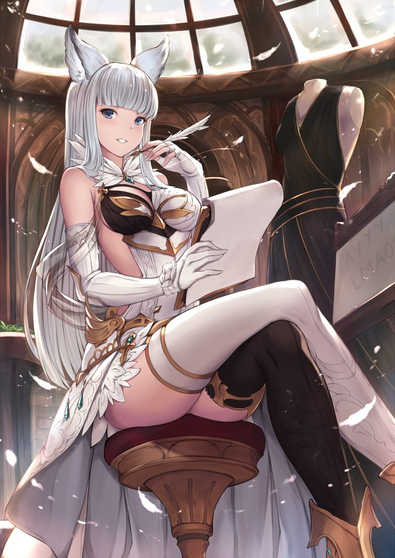 1girl animal_ears bangs bare_shoulders black_dress black_legwear blue_eyes blunt_bangs blush breasts dress elbow_gloves erune feathers gloves granblue_fantasy holding indoors korwa large_breasts legs_crossed long_hair looking_at_viewer mannequin mismatched_legwear pak_ce parted_lips quill showgirl_skirt silver_hair sitting sleeveless sleeveless_dress solo stool thigh-highs very_long_hair white_feathers white_gloves white_legwear