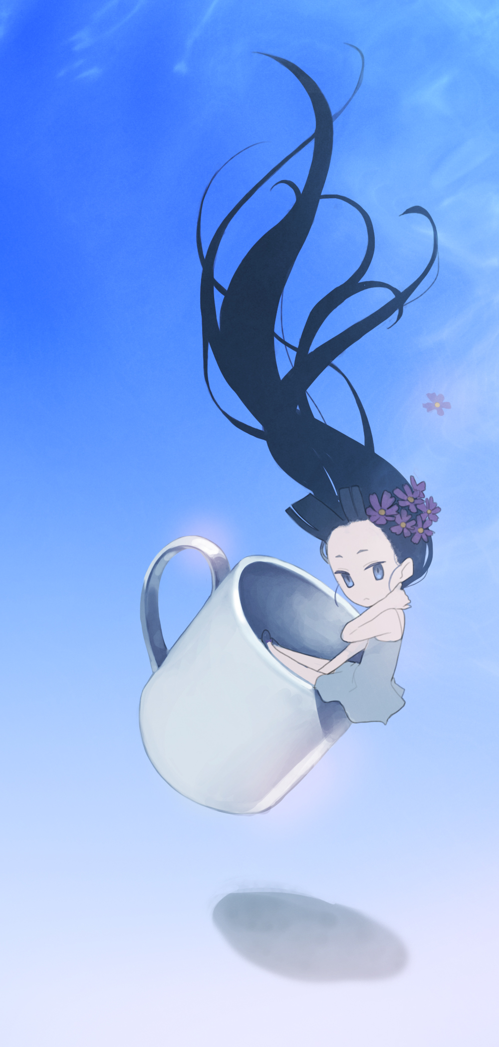 1girl absurdly_long_hair bare_arms bare_shoulders black_footwear black_hair blue_eyes blue_sky closed_mouth cup doremi dress flower grey_dress hair_flower hair_ornament hand_up highres in_container in_cup legs_together long_hair looking_at_viewer minigirl original shoes sky solo very_long_hair