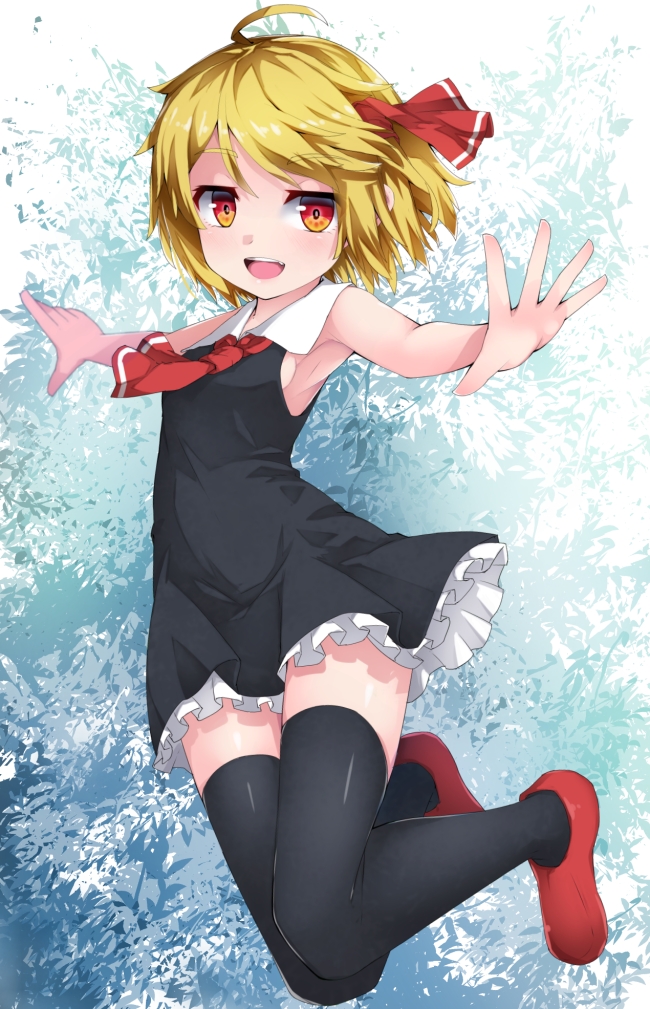1girl ahoge armpits ascot black_dress black_legwear blonde_hair breasts dress eyebrows_visible_through_hair frilled_dress frills full_body jumping looking_at_viewer open_mouth outstretched_arms red_eyes red_footwear red_neckwear rumia shoes short_hair sideboob sleeveless sleeveless_dress solo thigh-highs touhou uumaru
