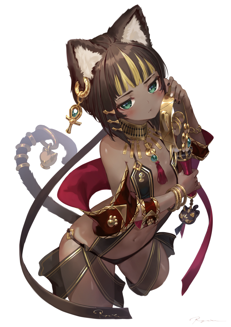1girl animal_ears ankh arched_back bangs bare_shoulders bastet black_hair black_nails black_panties blonde_hair blunt_bangs blush bracelet cat_ears cat_girl cat_tail closed_mouth commentary cropped_legs dark_skin earrings egyptian egyptian_mythology flat_chest green_eyes hakura_kusa half-closed_eyes head_tilt holding holding_instrument hoop_earrings instrument jewelry legs_apart looking_at_viewer multicolored_hair nail_polish navel neck_ring o-ring_bottom original panties paw_print revealing_clothes see-through shiny shiny_skin short_hair simple_background solo tail tail_ring tambourine tassel two-tone_hair underwear white_background white_nails
