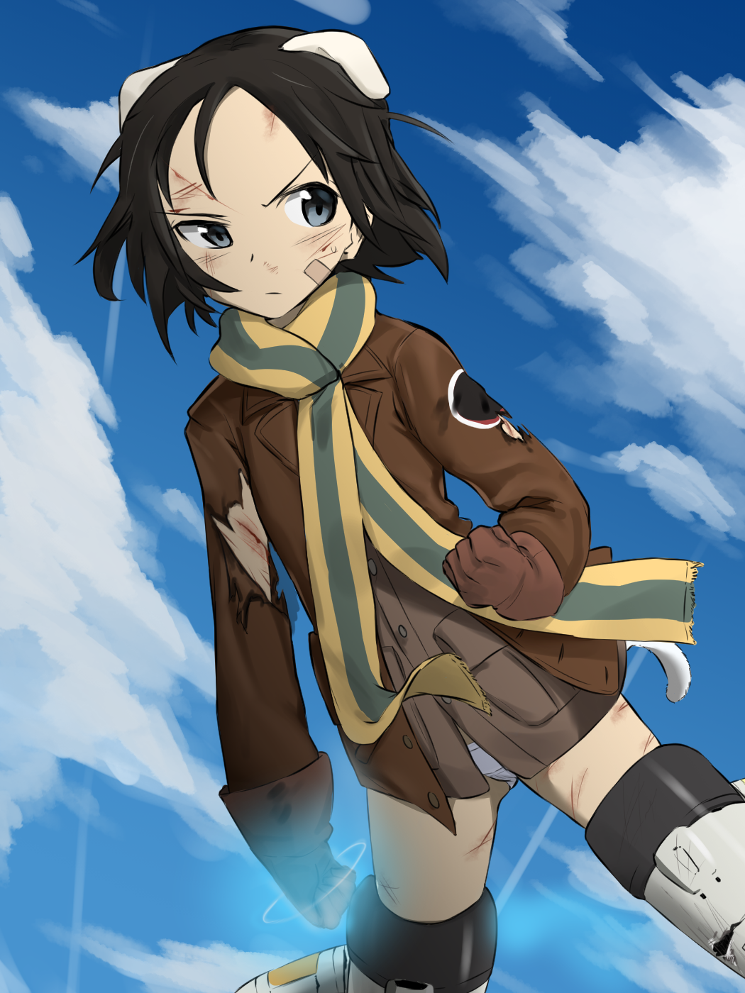 1girl animal_ears bandaid bandaid_on_face black_eyes black_hair blood brave_witches brown_gloves brown_jacket brown_shirt clenched_hands closed_mouth clouds cloudy_sky crotch_seam damaged day emblem energy fankupl flying frown gloves half-closed_eye highres injury jacket kanno_naoe looking_at_viewer military military_uniform multicolored multicolored_clothes multicolored_scarf no_pants panties scarf scratches shirt short_hair sky solo striker_unit striped striped_scarf sweat tail torn_clothes torn_jacket underwear uniform v-shaped_eyebrows white_panties wind world_witches_series