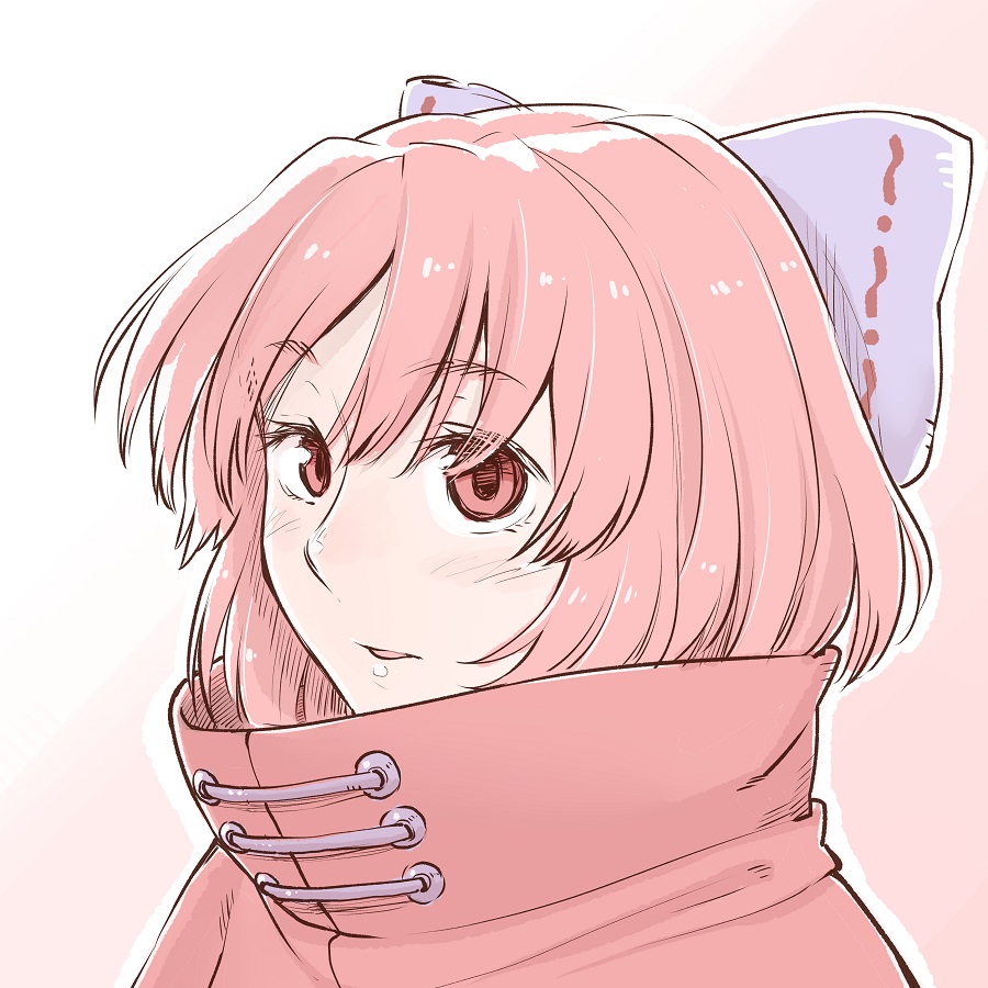 1girl bangs blue_bow blush bow cape commentary_request eyebrows_visible_through_hair hair_bow high_collar looking_at_viewer outline parted_lips pink_background poronegi portrait red_cape red_eyes redhead sekibanki short_hair solo touhou two-tone_background white_background white_outline