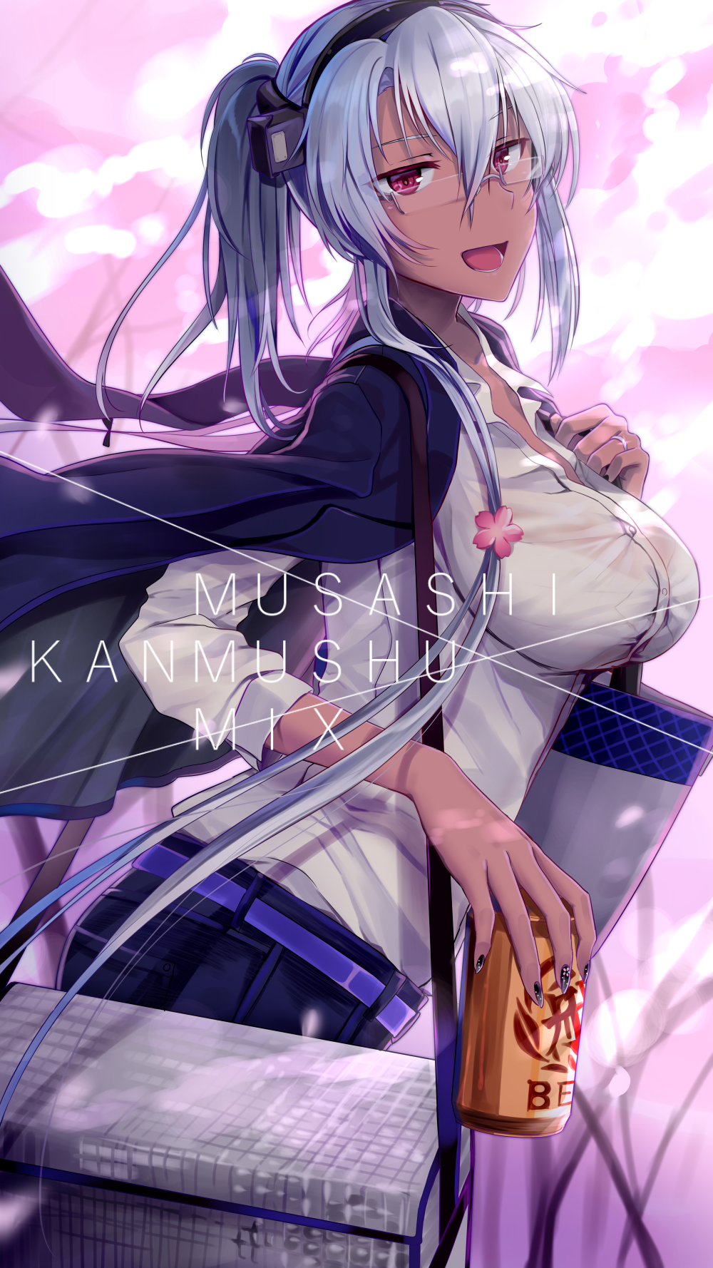 1girl :d alternate_costume bag bangs beer_can belt black_jacket black_nails black_pants blurry blush bra breasts can casual collared_shirt colored_eyelashes dark_skin dress_shirt from_side glasses glint headgear highres holding jacket jacket_on_shoulders jewelry kantai_collection large_breasts leaning_forward long_hair long_sleeves looking_at_viewer looking_to_the_side musashi_(kantai_collection) nail_polish open_mouth pants pink_background pink_eyes rimless_eyewear ring see-through shiny shiny_hair shirt silver_hair smile solo tsurime twintails underwear wedding_band white_bra wing_collar yunamaro