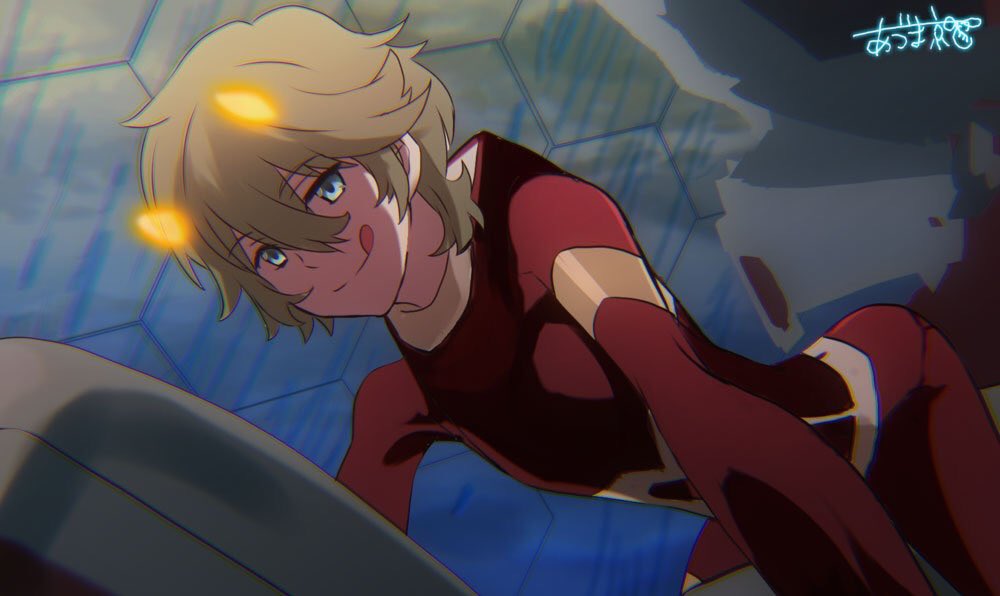 1boy :p blonde_hair bodysuit cockpit darling_in_the_franxx glowing_horns half-closed_eyes hexagon looking_at_viewer male_focus muraiaria nine_alpha_(darling_in_the_franxx) pilot_suit red_bodysuit signature smile solo tongue tongue_out