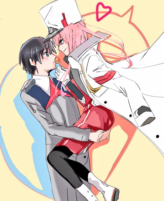 1boy 1girl akamsilver black_hair black_legwear blue_eyes blush boots coat commentary_request couple darling_in_the_franxx eyebrows_visible_through_hair fringe green_eyes hair_ornament hairband hat hetero hiro_(darling_in_the_franxx) holding_another's_leg holding_lollipop horns long_coat long_hair long_sleeves looking_at_another military military_uniform necktie oni_horns open_clothes open_coat pantyhose peaked_cap pink_hair red_horns red_neckwear short_hair uniform white_coat white_footwear white_hairband zero_two_(darling_in_the_franxx)