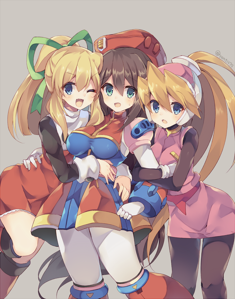 3girls android arm_around_waist arm_hug arms_around_waist artist_name bangs bent_over beret black_legwear blonde_hair blue_eyes blush bodystocking breasts brown_hair capcom ciel_(rockman) dress eyebrows_visible_through_hair girl_sandwich gloves green_eyes green_ribbon grey_background hair_between_eyes hair_ornament hair_ribbon happy hat headgear high_ponytail hips holding_arm iris_(rockman_x) long_hair looking_at_viewer looking_to_the_side medium_breasts multiple_girls one_leg_raised open_mouth pink_skirt ponytail red_hat rento_(rukeai) ribbon rockman rockman_(classic) rockman_x rockman_x4 rockman_zero roll sandwiched sidelocks simple_background skirt smile very_long_hair white_background white_gloves