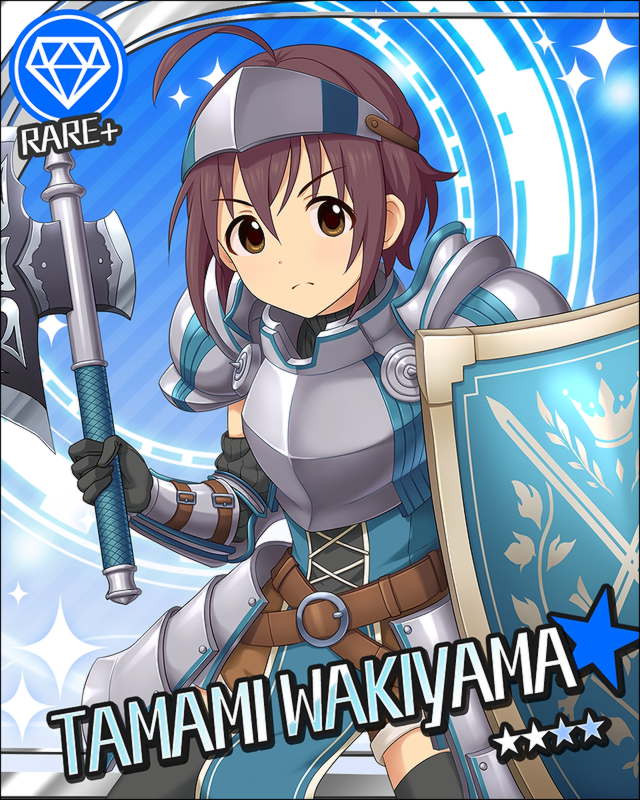 armored black_eyes black_hair blush character_name helmet idolmaster idolmaster_cinderella_girls knight shield short_bair smile stars wakiyama_tamami