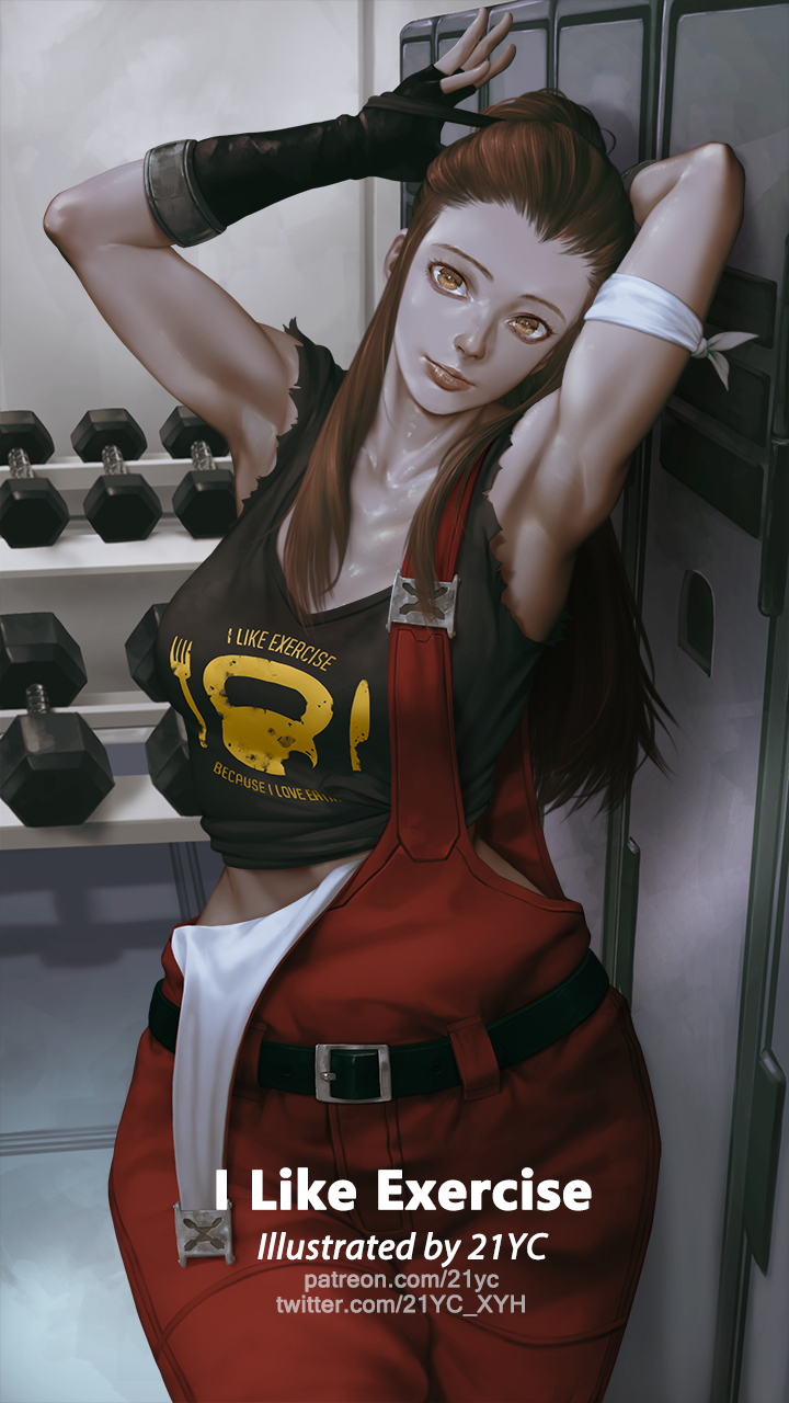 1girl 21yc_(september_breeze) adjusting_hair armpits arms_behind_head brigitte_(overwatch) brown_eyes brown_hair clothes_writing collarbone dumbbell fingerless_gloves gloves highres locker looking_at_viewer overalls overwatch shiny shiny_skin sleeveless solo toned torn_clothes torn_sleeves