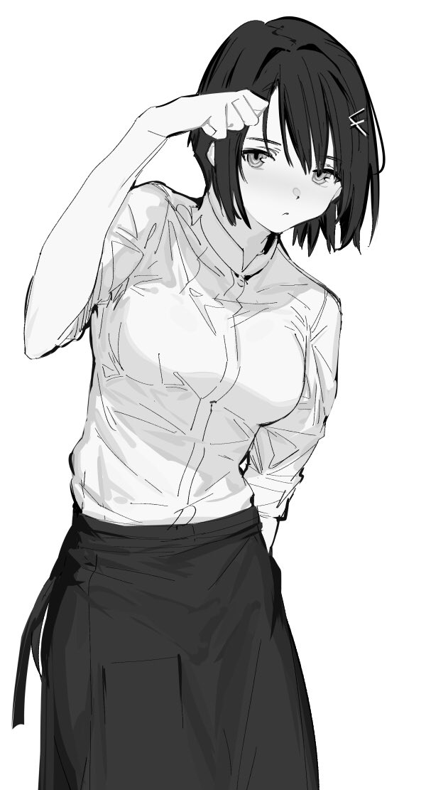 1girl apron arms_behind_back black_skirt character_request copyright_request hair_ornament hairclip looking_at_viewer monochrome osu5i shirt short_hair skirt solo white_shirt