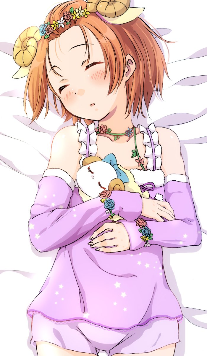 1girl animal_ears ass_visible_through_thighs bangs_pinned_back bed_sheet blush closed_eyes commentary_request detached_sleeves extra_ears flower flower_bracelet flower_necklace frills hands_on_own_chest head_wreath highres horns hoshizora_rin jewelry long_sleeves love_live! love_live!_school_idol_project lying necklace on_back open_mouth orange_hair purple_pajamas purple_shorts sen_(sen0910) sheep_ears sheep_horns short_hair short_shorts shorts sleeping solo star star_print stuffed_animal stuffed_sheep stuffed_toy