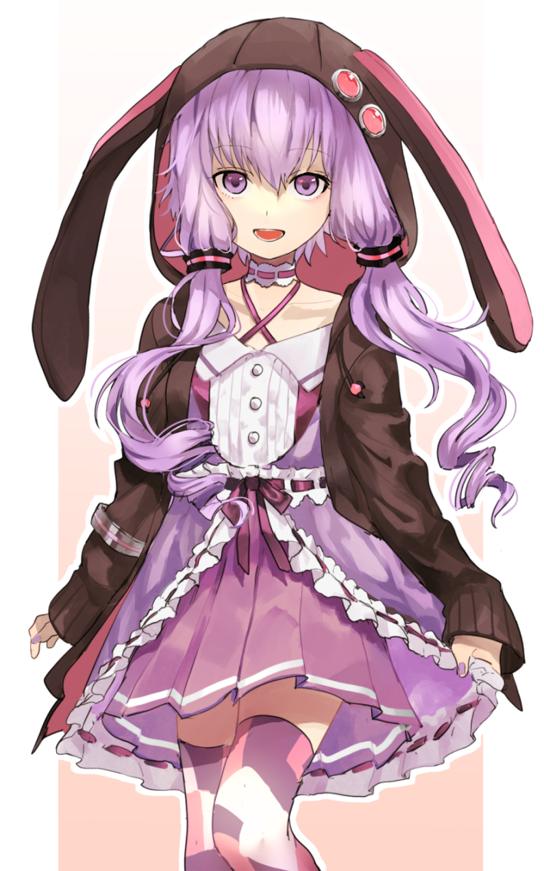 1girl animal_hood black_coat bunny_hood coat collarbone hair_ornament highres hood hooded_coat long_hair miniskirt open_clothes open_coat pleated_skirt purple_hair purple_skirt saz8720 simple_background skirt solo standing thigh-highs twintails very_long_hair vocaloid voiceroid white_background yuzuki_yukari