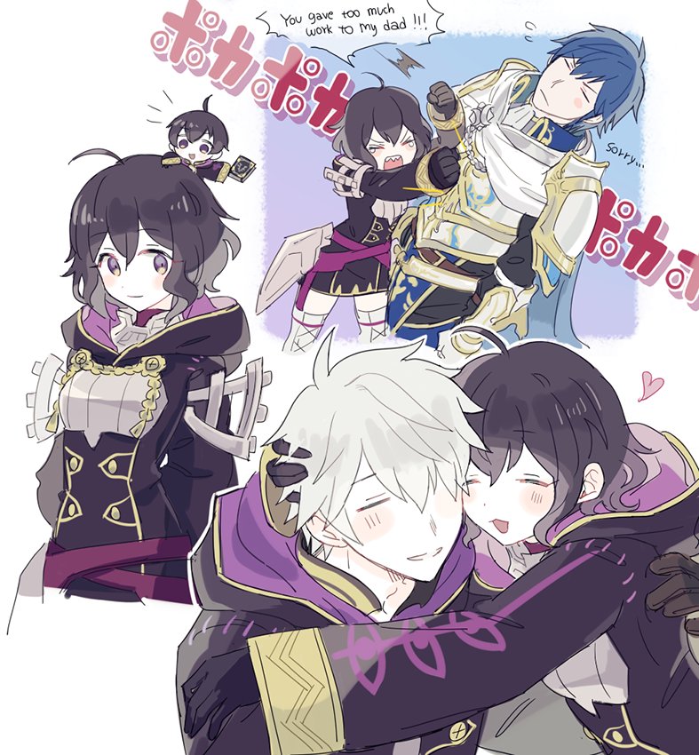 1girl 2boys ahoge black_hair blue_eyes blue_hair blush book closed_eyes father_and_daughter fire_emblem fire_emblem:_kakusei gloves hood hooded_jacket hug jacket krom long_hair mark_(fire_emblem) multiple_boys my_unit_(fire_emblem:_kakusei) noii open_mouth short_hair smile white_hair