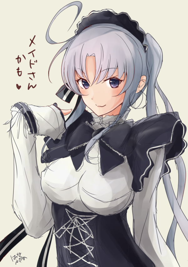 1girl ahoge akitsushima_(kantai_collection) bangs breasts closed_mouth corset earrings eyebrows_visible_through_hair grey_background hair_between_eyes hair_ornament hair_ribbon hand_up hazuki_futahi hoop_earrings jewelry kantai_collection long_hair looking_at_viewer maid maid_headdress pointing pointing_at_self ribbon side_ponytail sidelocks signature simple_background smile solo uniform violet_eyes