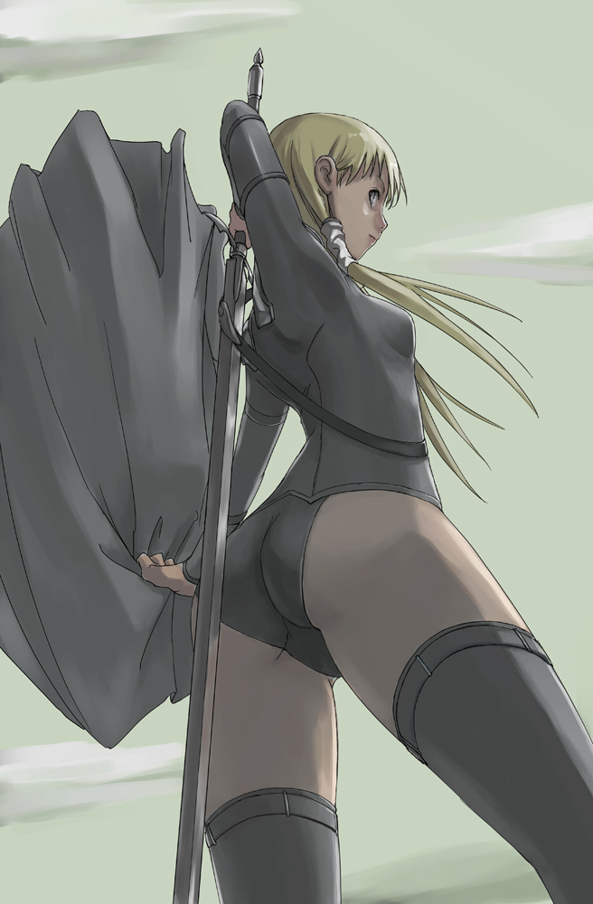 1girl ass blonde_hair cape claymore claymore_(sword) cynthia_(claymore) long_hair looking_back low_twintails solo sword tea_(nakenashi) thigh-highs twintails weapon