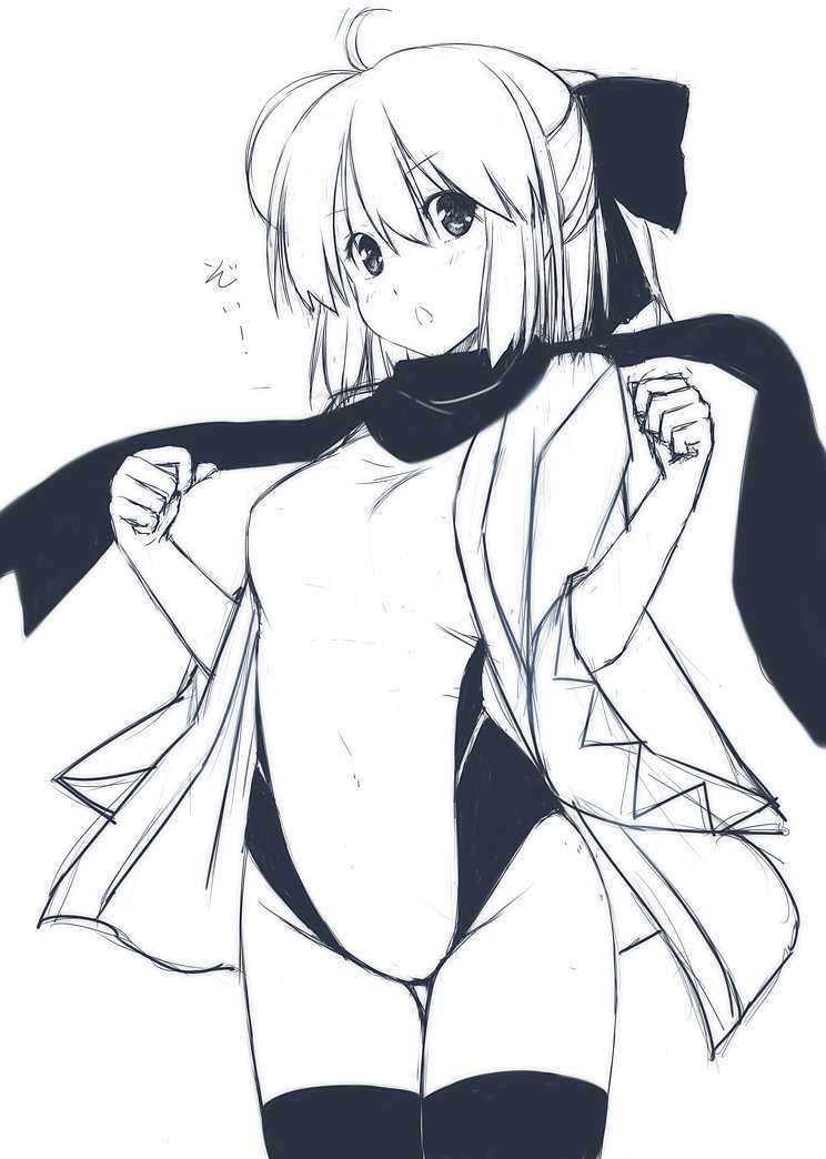 1girl ahoge blush bow breasts commentary_request competition_school_swimsuit cosplay covered_navel cowboy_shot eyebrows_visible_through_hair fate_(series) greyscale hair_between_eyes hair_bow hands_up head_tilt japanese_clothes kimono konpaku_youmu long_sleeves looking_at_viewer monochrome nori_tamago okita_souji_(fate) okita_souji_(fate)_(cosplay) open_clothes open_kimono open_mouth scarf short_hair simple_background sketch small_breasts solo standing swimsuit touhou translation_request white_background wide_sleeves work_in_progress