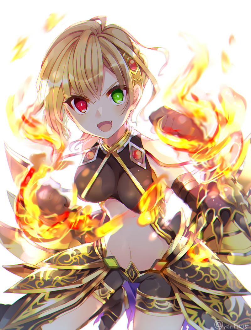 &gt;:) bare_shoulders blonde_hair copyright_request fingerless_gloves fire gloves green_eyes hair_ornament heterochromia looking_at_viewer navel open_mouth red_eyes rento_(rukeai) short_hair short_shorts shorts smile