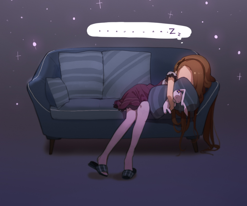 1girl brown_hair couch covered_face cushion doremi dress hairband idolmaster idolmaster_(classic) long_hair lying minase_iori on_side pillow pillow_hug purple_background red_dress short_dress short_sleeves sleeping slippers smile solo spoken_zzz stuffed_animal stuffed_bunny stuffed_toy thought_bubble zzz