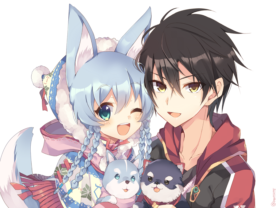 1boy 1girl ;d animal animal_ears black_hair blue_eyes blue_hair character_request dog fur-trimmed_hat hat jacket koyomi_(shironeko_project) one_eye_closed open_mouth quad_braids rento_(rukeai) shironeko_project smile tail tarou_(shironeko_project) wolf_ears wolf_tail yellow_eyes