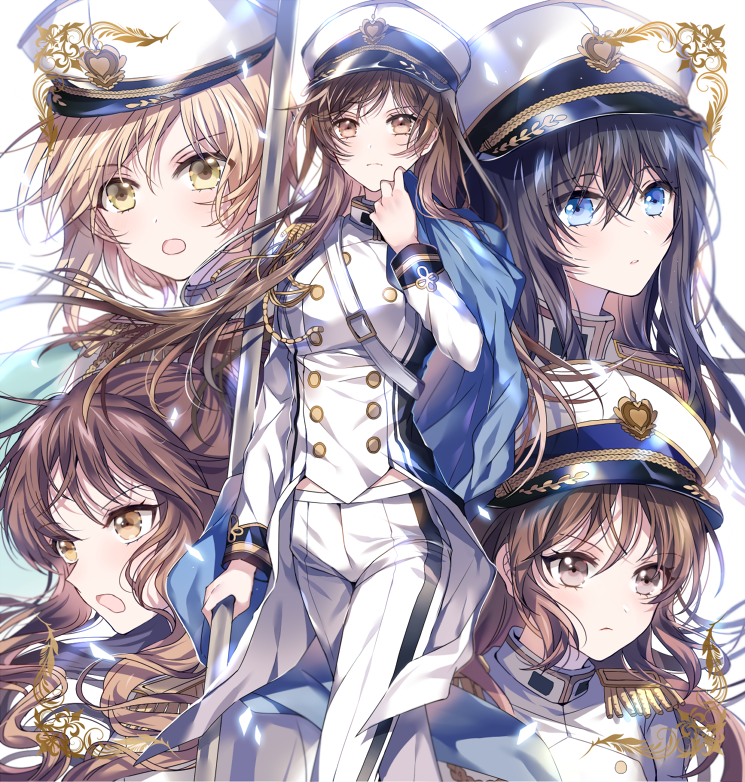 5girls aiba_yumi aiguillette black_hair blonde_hair blue_eyes breasts brown_eyes brown_hair epaulettes flag hat idolmaster idolmaster_cinderella_girls idolmaster_cinderella_girls_starlight_stage long_hair looking_at_viewer medium_breasts military military_hat military_uniform multiple_girls naval_uniform nennen nitta_minami pants peaked_cap sagisawa_fumika seizon_honnou_valkyria tachibana_arisu takamori_aiko uniform