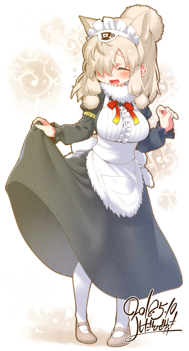 1girl alpaca_ears alpaca_suri_(kemono_friends) alternate_costume animal_ears apron blonde_hair blush breasts center_frills dated enmaided full_body fur_collar fur_trim hair_over_one_eye highres kemono_friends large_breasts long_sleeves maid maid_headdress mary_janes open_mouth pantyhose shoes short_hair sidelocks signature simple_background smile solo waist_apron white_apron white_background white_legwear yoshida_hideyuki