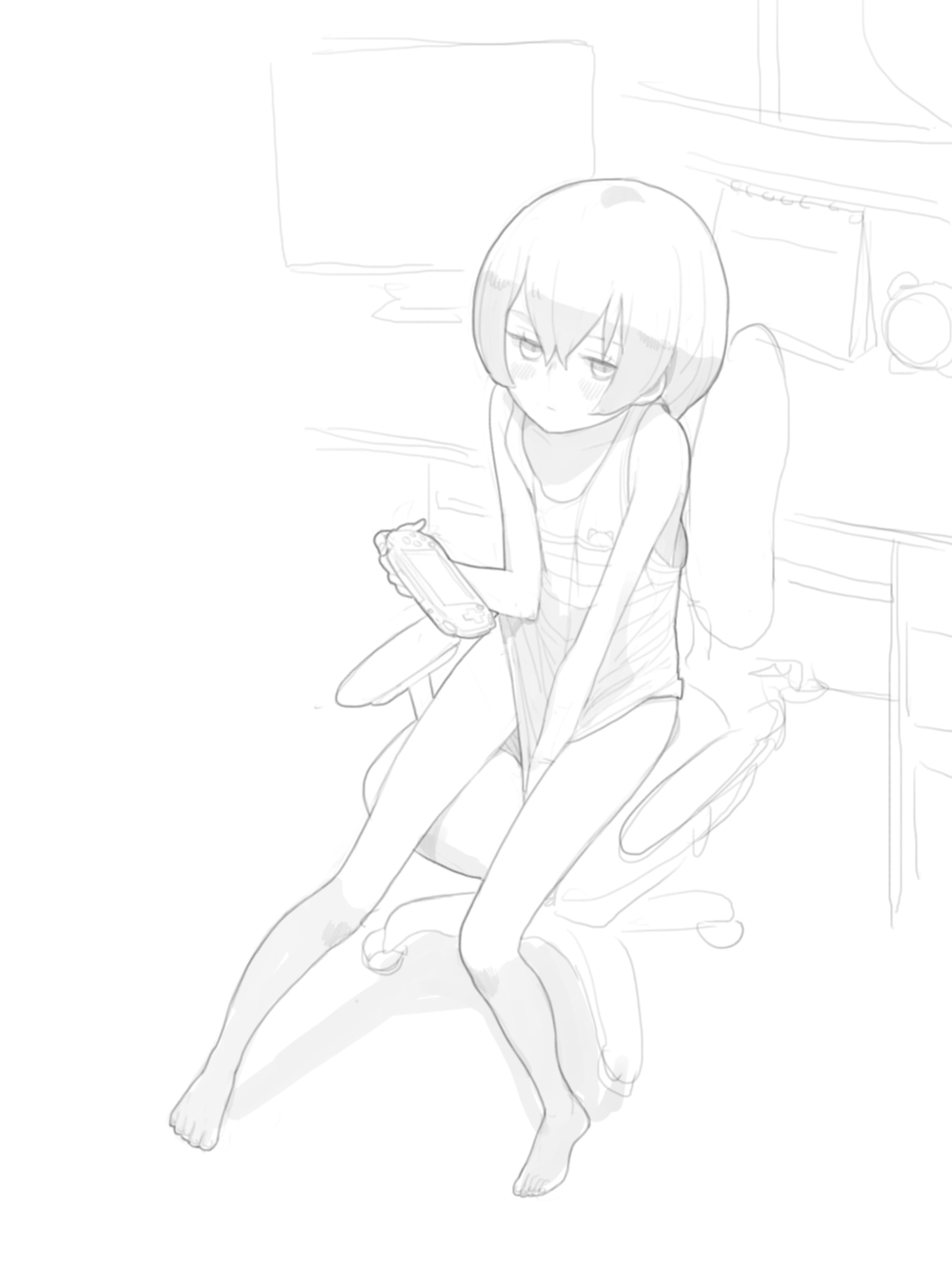 1girl bare_legs bare_shoulders barefoot between_legs blush chair closed_mouth covering covering_crotch doremi embarrassed greyscale hand_between_legs handheld_game_console highres holding indoors looking_at_viewer monochrome naked_shirt office_chair original playstation_portable shirt short_hair sitting sleeveless sleeveless_shirt solo unfinished