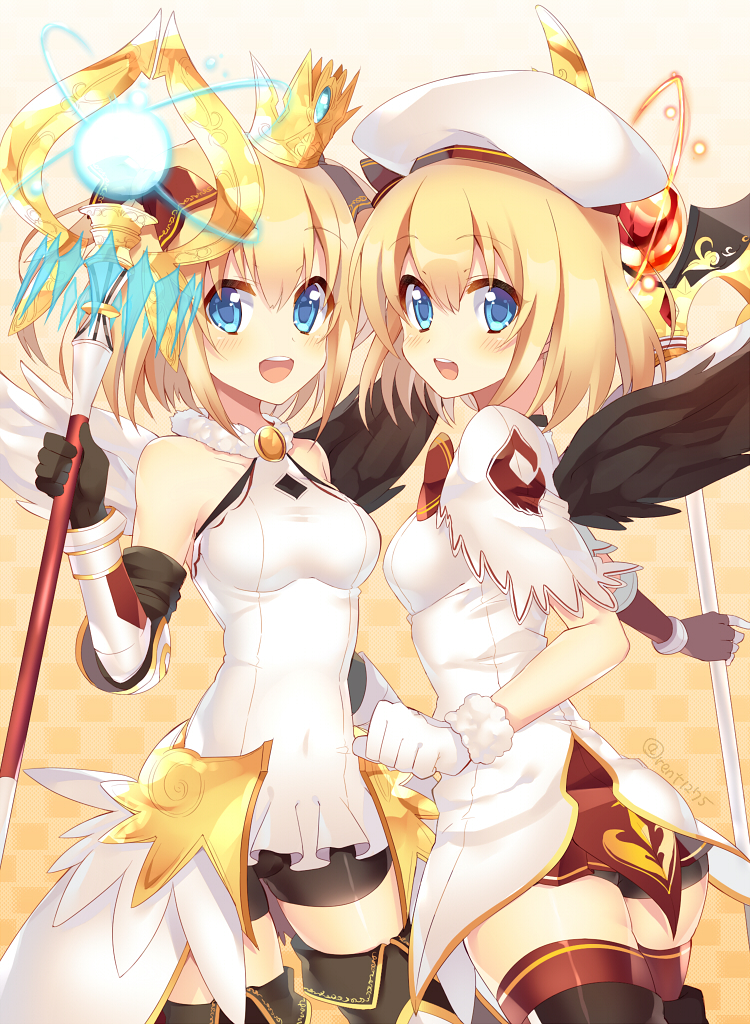 2girls beret black_gloves black_wings blonde_hair blue_eyes blue_light boots copyright_request covered_navel crown fingerless_gloves gloves hat holding holding_staff looking_at_viewer mismatched_gloves mismatched_wings multiple_girls open_mouth rento_(rukeai) short_hair shorts smile staff thigh-highs white_gloves white_wings wings