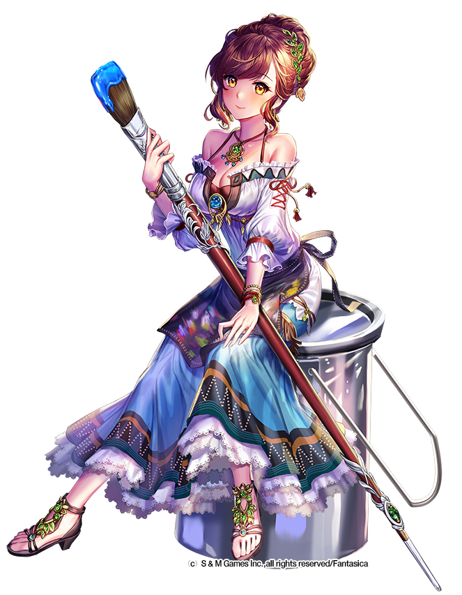 1girl bare_shoulders blue_dress bracelet breasts brown_hair cleavage dress esphy fantasy full_body gyakushuu_no_fantasica hair_ornament hair_up holding holding_paintbrush jewelry large_breasts looking_at_viewer medium_hair necklace official_art paintbrush sandlas sitting smile smock solo tagme watermark yellow_eyes