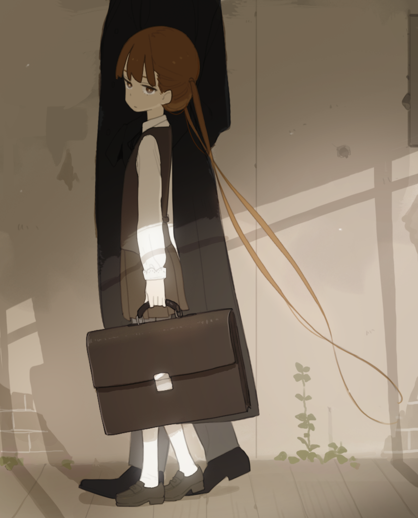 1girl bright_pupils brown_eyes brown_hair brown_skirt collared_shirt doremi from_side grey_vest holding long_hair looking_at_viewer looking_to_the_side original outdoors pants pleated_skirt shirt shoes skirt socks solo_focus standing suitcase twintails very_long_hair vest white_legwear white_shirt wing_collar