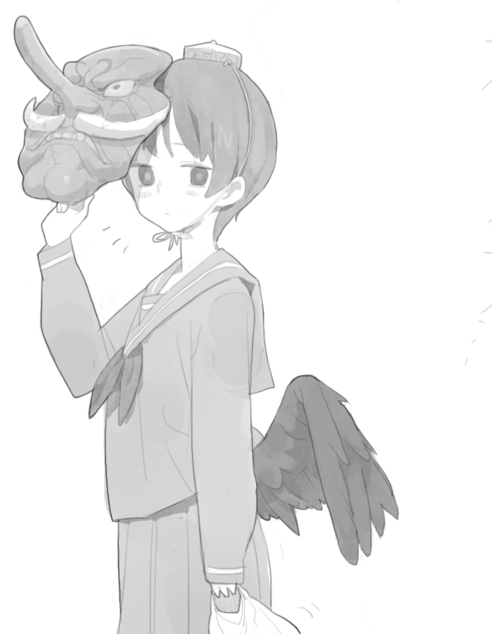 1girl bag bird_wings closed_mouth doremi from_side greyscale grocery_bag hat holding looking_at_viewer looking_to_the_side low_wings mask monochrome neckerchief notice_lines original pleated_skirt school_uniform serafuku shopping_bag short_hair simple_background skirt sleeves_past_wrists solo standing tengu_mask tokin_hat white_background wings