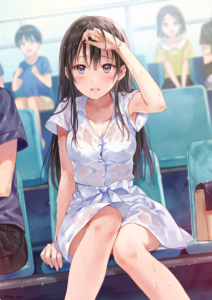 1girl arm_up black_hair blush bra breasts cleavage dress fukahire_(ruinon) hand_in_hair knees_together_feet_apart long_hair medium_breasts open_mouth original see-through short_sleeves sitting solo_focus underwear violet_eyes wet wet_clothes wet_dress wet_hair white_bra white_dress