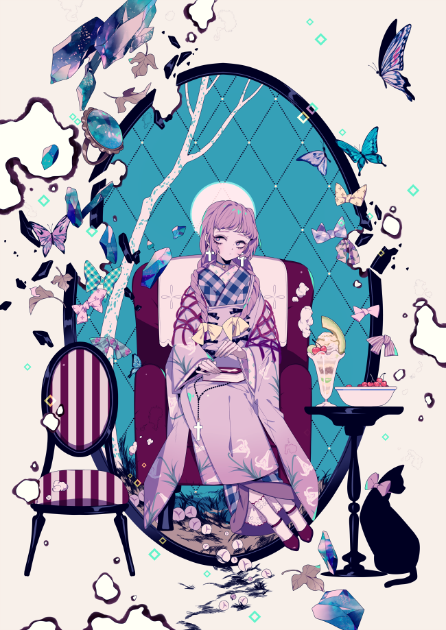 1girl bare_tree black_cat book book_on_lap bow bowl bowtie bug butterfly cat chair cherry couch cross cross_earrings earrings flower food fruit insect japanese_clothes jewelry kimono long_hair low-tied_long_hair mary_janes original parfait purple_hair shikimi_(yurakuru) shoes side_glance sitting solo table tree twintails