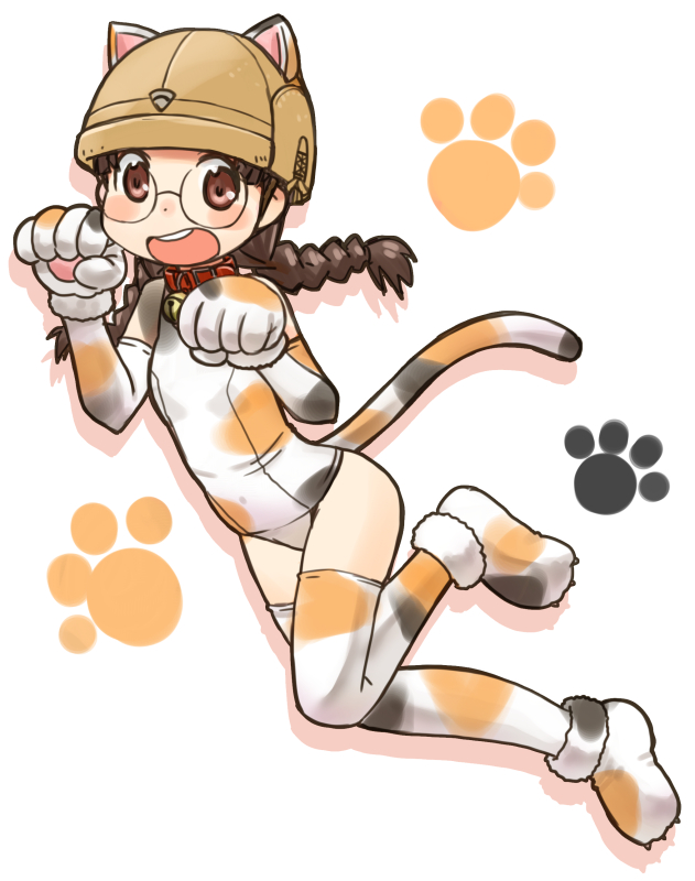 animal_costume animal_ears bell bell_collar black_hair blush_stickers braid brown_eyes brown_hat calico cat_costume cat_ears cat_tail collar commentary dutch_angle elbow_gloves fake_animal_ears fake_tail fukuda_(girls_und_panzer) girls_und_panzer glasses gloves hat helmet leg_up leotard long_hair open_mouth paw_gloves paw_pose paw_print paw_shoes paws print_gloves print_legwear print_leotard round_eyewear shadow shoes standing standing_on_one_leg tail thigh-highs twin_braids twintails uona_telepin white_background