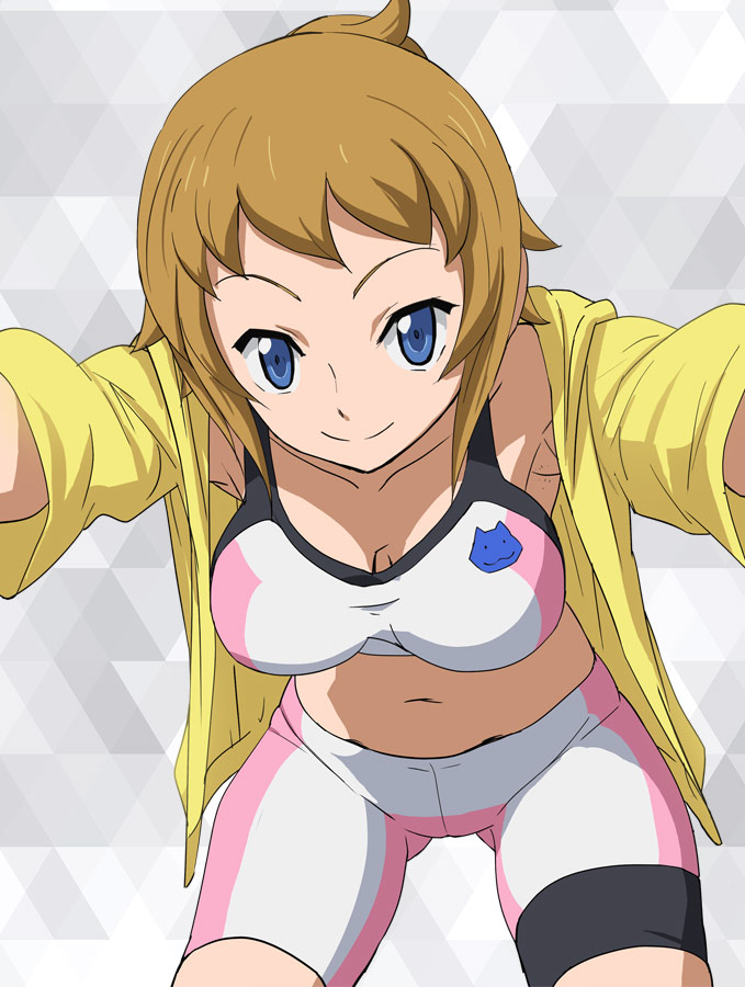 1girl bike_shorts blue_eyes breasts brown_hair cleavage closed_eyes grey_background gundam gundam_build_fighters gundam_build_fighters_try haruyama_kazunori hoshino_fumina looking_at_viewer medium_breasts navel short_hair smile solo sports_bra