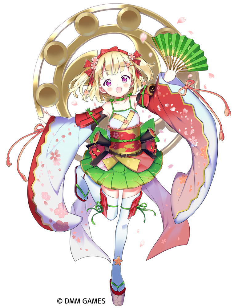 1girl :d blonde_hair blush bow character_request choker detached_sleeves fan flat_chest flower full_body green_choker green_skirt hair_bow hair_flower hair_ornament hand_up japanese_clothes leg_ribbon looking_at_viewer official_art open_mouth oshiro_project_re paper_fan rassie_s ribbon sandals short_twintails skirt smile standing standing_on_one_leg thigh-highs twintails violet_eyes watermark white_legwear wide_sleeves