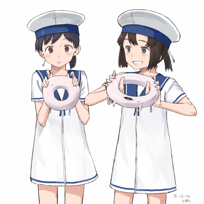 2girls artist_name bangs black_hair brown_eyes brown_hair cowboy_shot daitou_(kantai_collection) dated dress eyebrows_visible_through_hair grey_eyes grin hat hiburi_(kantai_collection) holding kantai_collection kawashina_(momen_silicon) looking_at_another looking_at_viewer multiple_girls sailor_dress sailor_hat short_dress short_hair short_sleeves simple_background smile standing swept_bangs white_background white_dress white_hat