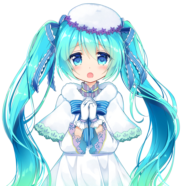 1girl bangs blue_bow blue_eyes blue_hair blue_neckwear blush bow bowtie capelet dress eyebrows_visible_through_hair floating_hair gloves hair_between_eyes hands_clasped hat hatsune_miku long_hair open_mouth ousawa_kanata own_hands_together simple_background solo striped striped_bow striped_neckwear twintails upper_body very_long_hair vocaloid white_background white_capelet white_dress white_gloves white_hat winter_clothes