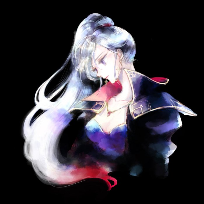 1girl breasts cape dress earrings elbow_gloves fire_emblem fire_emblem:_seisen_no_keifu gloves ishtar_(fire_emblem) jewelry kuzumosu long_hair ponytail side_ponytail silver_hair solo violet_eyes