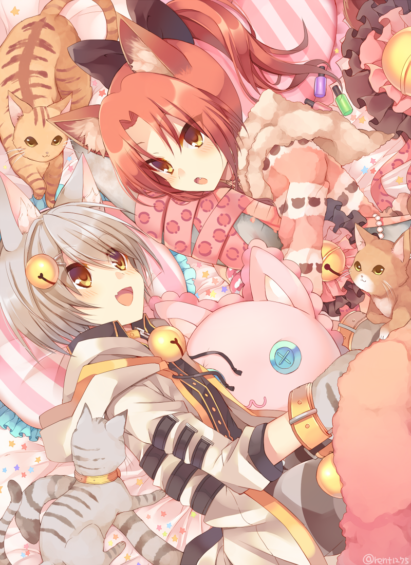 2girls :3 animal_ears bell bell_hair_ornament bow brown_eyes button_eyes cat cat_ears cat_tail copyright_request hair_ornament hairclip long_hair long_sleeves looking_at_another lying multiple_cats multiple_girls on_side open_mouth pillow ponytail redhead rento_(rukeai) short_hair smile stuffed_animal stuffed_toy tail