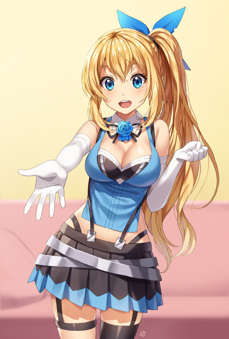 1girl :d asymmetrical_legwear bangs bare_shoulders black_legwear black_skirt blonde_hair blue_eyes blue_ribbon blue_shirt blurry blurry_background blush breasts cleavage commentary_request couch cowboy_shot depth_of_field elbow_gloves garter_straps gloves hair_between_eyes hair_ribbon hand_up kim_bae-eo large_breasts long_hair looking_at_viewer mirai_akari mirai_akari_project navel open_mouth outstretched_arm pleated_skirt ribbon shirt side_ponytail sidelocks single_thighhigh skirt sleeveless sleeveless_shirt smile solo thigh-highs upper_teeth very_long_hair virtual_youtuber white_gloves