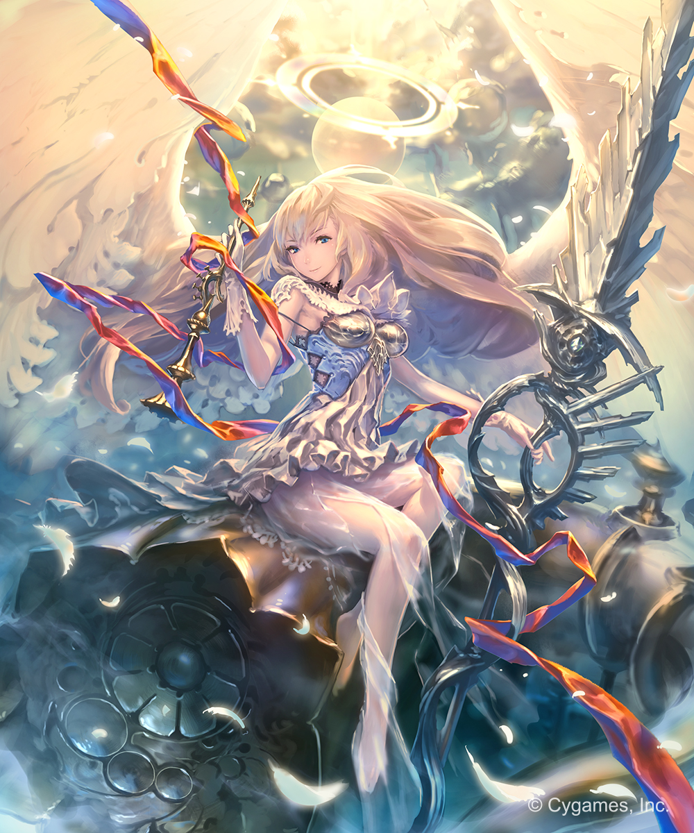 1girl barefoot blue_eyes boobplate breastplate breasts clouds cloudy_sky day dress eyebrows_visible_through_hair feathered_wings floating_hair full_body gloves highres hisakata_souji holding holding_sword holding_weapon long_hair looking_at_viewer medium_breasts orange_ribbon outdoors ribbon see-through shingeki_no_bahamut short_dress sideboob silver_hair sitting sky sleeveless sleeveless_dress solo sword very_long_hair weapon white_dress white_gloves white_wings wings