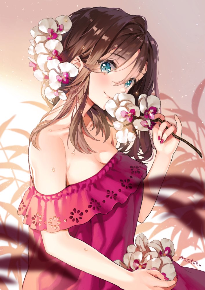 1girl ancotaku bare_shoulders blue_eyes blurry blurry_background blurry_foreground blush breasts brown_hair cherry_blossoms cleavage closed_mouth collarbone commentary depth_of_field dress eyebrows_visible_through_hair flower focused fringe hair_between_eyes hair_flower hair_ornament hand_up holding holding_branch leaf lens_flare light_particles long_hair looking_at_viewer medium_breasts nail_polish off-shoulder_dress off_shoulder original pink_dress pink_flower pink_nails shiny shiny_hair signature sitting smile solo tareme upper_body water_drop white_flower
