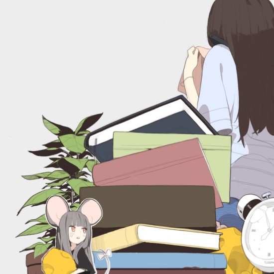 2girls alarm_clock animal_ears bangs black_capelet blunt_bangs book book_stack bow brown_hair capelet cheese clock doremi facing_away food grey_background grey_hair holding long_hair long_sleeves minigirl mouse_ears mouse_tail multiple_girls original parted_lips simple_background sneaking solo_focus sweatdrop tail tail_bow theft wristband