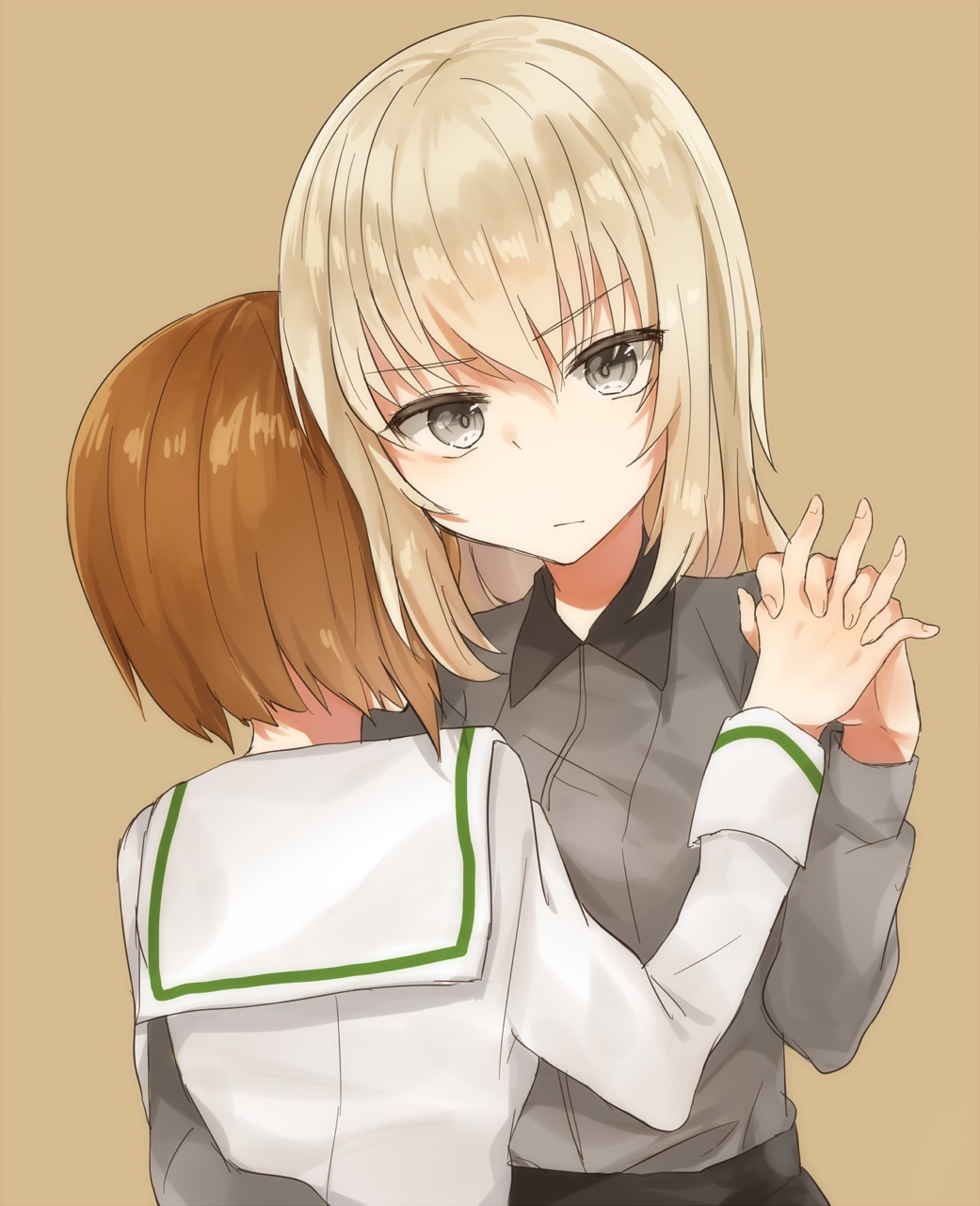 2girls arm_around_waist back bangs black_skirt blouse brown_background brown_hair closed_mouth consoling dress_shirt eyebrows_visible_through_hair from_behind girls_und_panzer grey_shirt highres hug interlocked_fingers itsumi_erika koretsuna kuromorimine_school_uniform light_frown long_hair long_sleeves looking_at_viewer multiple_girls nishizumi_miho ooarai_school_uniform school_uniform serafuku shirt short_hair simple_background skirt standing upper_body white_blouse yuri