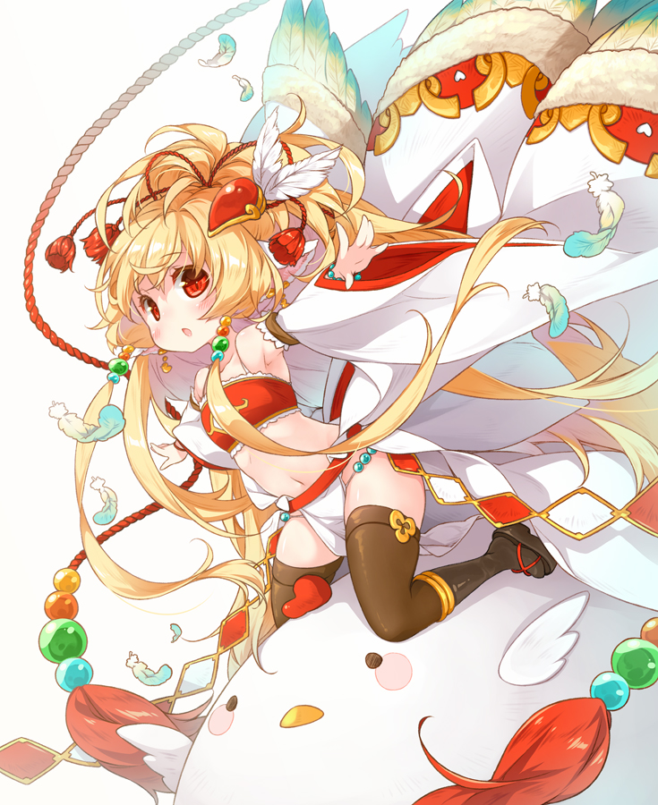 1girl :o bare_shoulders bird black_legwear blonde_hair blush bracelet commentary_request detached_sleeves feathers granblue_fantasy hair_ornament jewelry kneehighs long_hair looking_at_viewer makira_(granblue_fantasy) midriff navel on_animal outstretched_arms red_eyes reina_(black_spider) simple_background solo thigh-highs very_long_hair white_background wide_sleeves