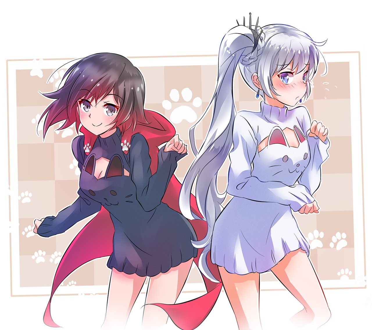 2girls blue_eyes blush breast_cutout cape check_commentary commentary_request grey_eyes iesupa multiple_girls paw_pose paw_print ruby_rose rwby sweater weiss_schnee white_hair