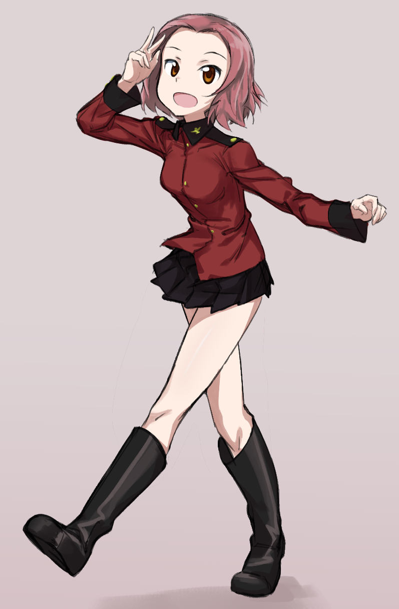 1girl :d bangs black_footwear black_skirt boots brown_background brown_eyes epaulettes fankupl full_body girls_und_panzer highres jacket knee_boots long_sleeves looking_at_viewer military military_uniform miniskirt open_mouth parted_bangs pleated_skirt red_jacket redhead rosehip salute shadow short_hair skirt smile solo st._gloriana's_military_uniform standing two-finger_salute uniform w walking