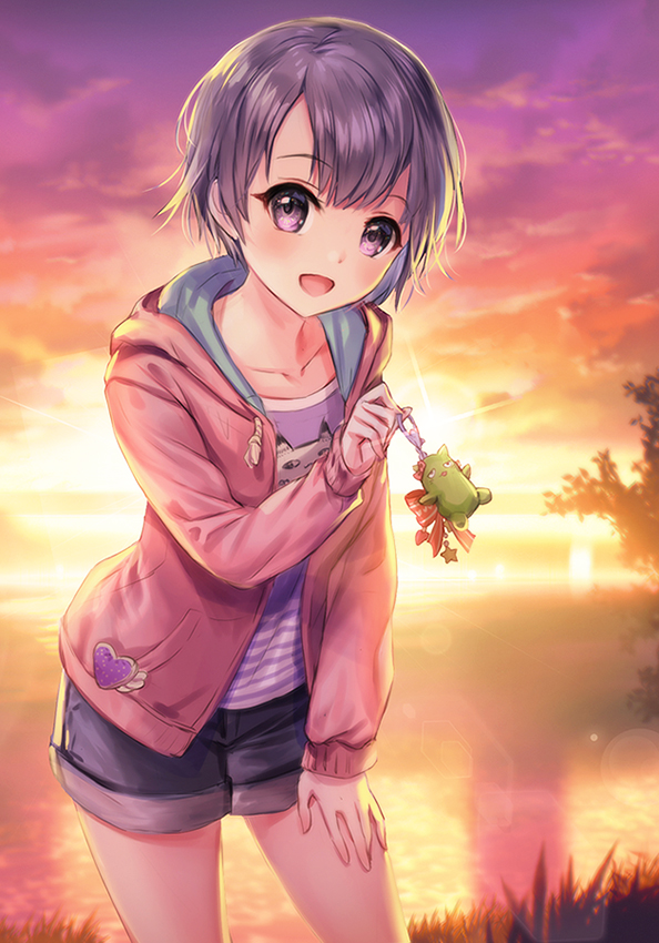 :d black_shorts esphy hand_on_own_leg heart hood hoodie idolmaster idolmaster_cinderella_girls jacket keychain looking_at_viewer open_mouth otokura_yuuki outdoors purple_hair shirt short_hair shorts smile striped striped_shirt sunset violet_eyes water