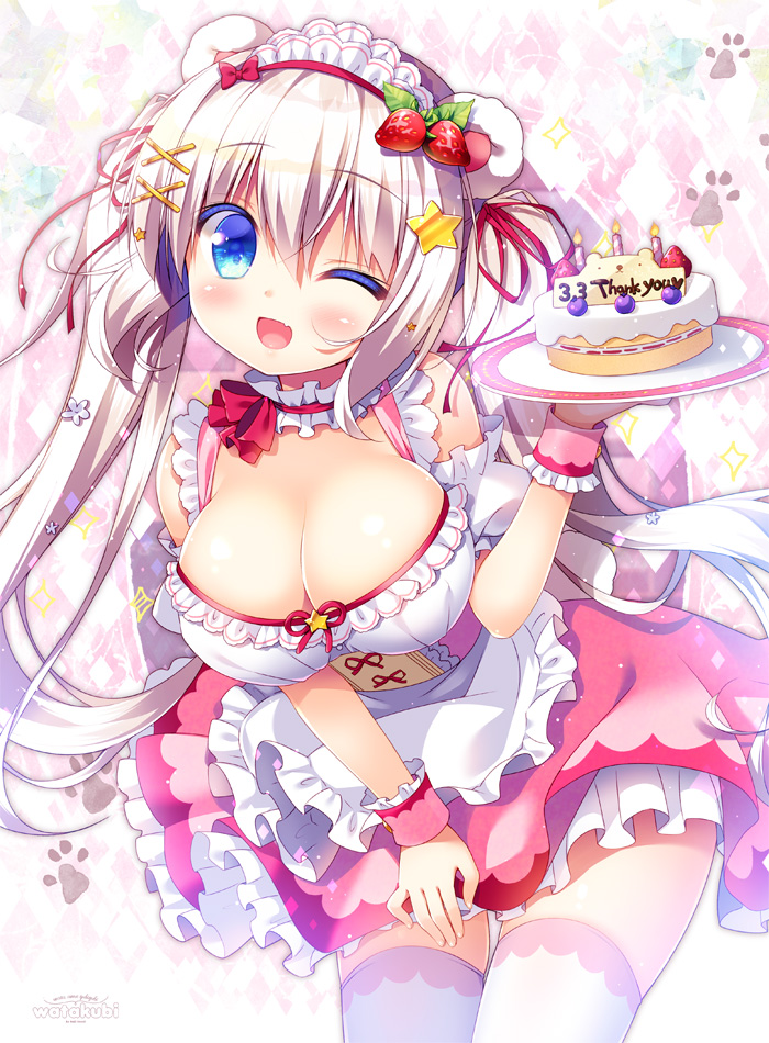 1girl ;d animal_ears apron bangs bare_shoulders bear_ears bear_girl bear_tail blue_eyes blush breasts cake candle cleavage commentary_request detached_sleeves dress eyebrows_visible_through_hair fang food food_themed_hair_ornament frilled_apron frills hair_between_eyes hair_ornament hair_ribbon holding holding_plate large_breasts leaning_forward long_hair looking_at_viewer maid maid_headdress one_eye_closed open_mouth original pink_dress plate puffy_short_sleeves puffy_sleeves red_ribbon ribbon sasai_saji short_sleeves sidelocks silver_hair sleeveless sleeveless_dress smile solo sparkle star star_hair_ornament strawberry_hair_ornament tail thank_you thigh-highs twintails very_long_hair waist_apron white_apron white_legwear wrist_cuffs x_hair_ornament