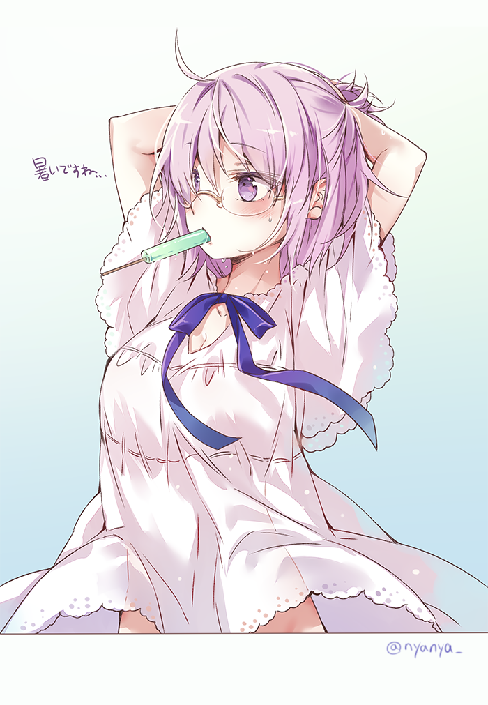 1girl arms_up bangs blue_bow blush bow breasts cleavage collarbone commentary_request dress eyebrows_visible_through_hair fate/grand_order fate_(series) food food_in_mouth glasses hair_between_eyes mash_kyrielight medium_breasts mouth_hold nyanya popsicle purple_hair short_hair short_sleeves solo sweat translation_request twitter_username violet_eyes white_dress wide_sleeves